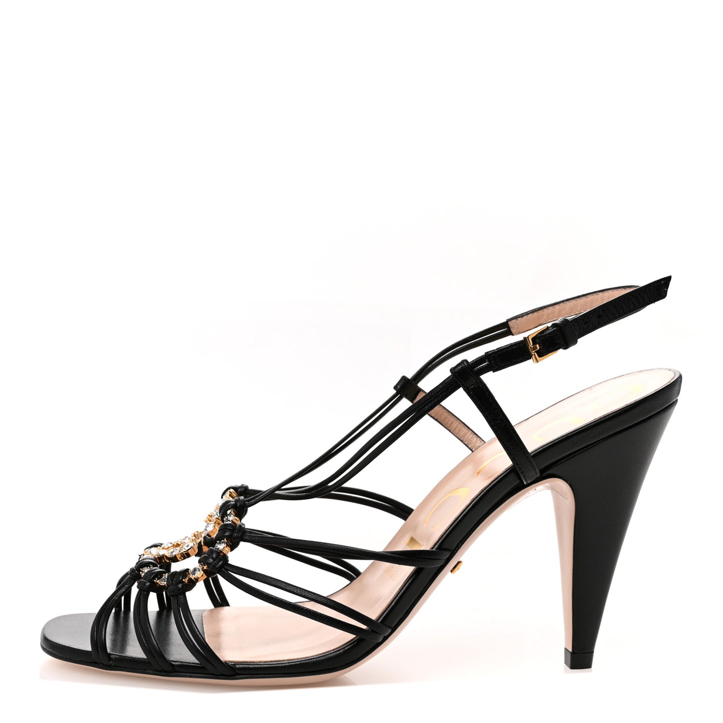 Calfskin Crystal GG Isa Ankle Strap Mid Heel Sandals 37.5 Black