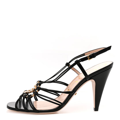 Gucci Calfskin Crystal GG Isa Ankle Strap Mid Heel Sandals 37.5 Black 1 of 9