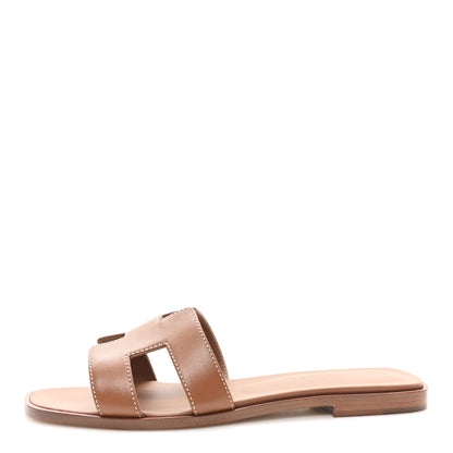 Hermes Box Calfskin Oran Sandals 37.5 Gold 1 of 10