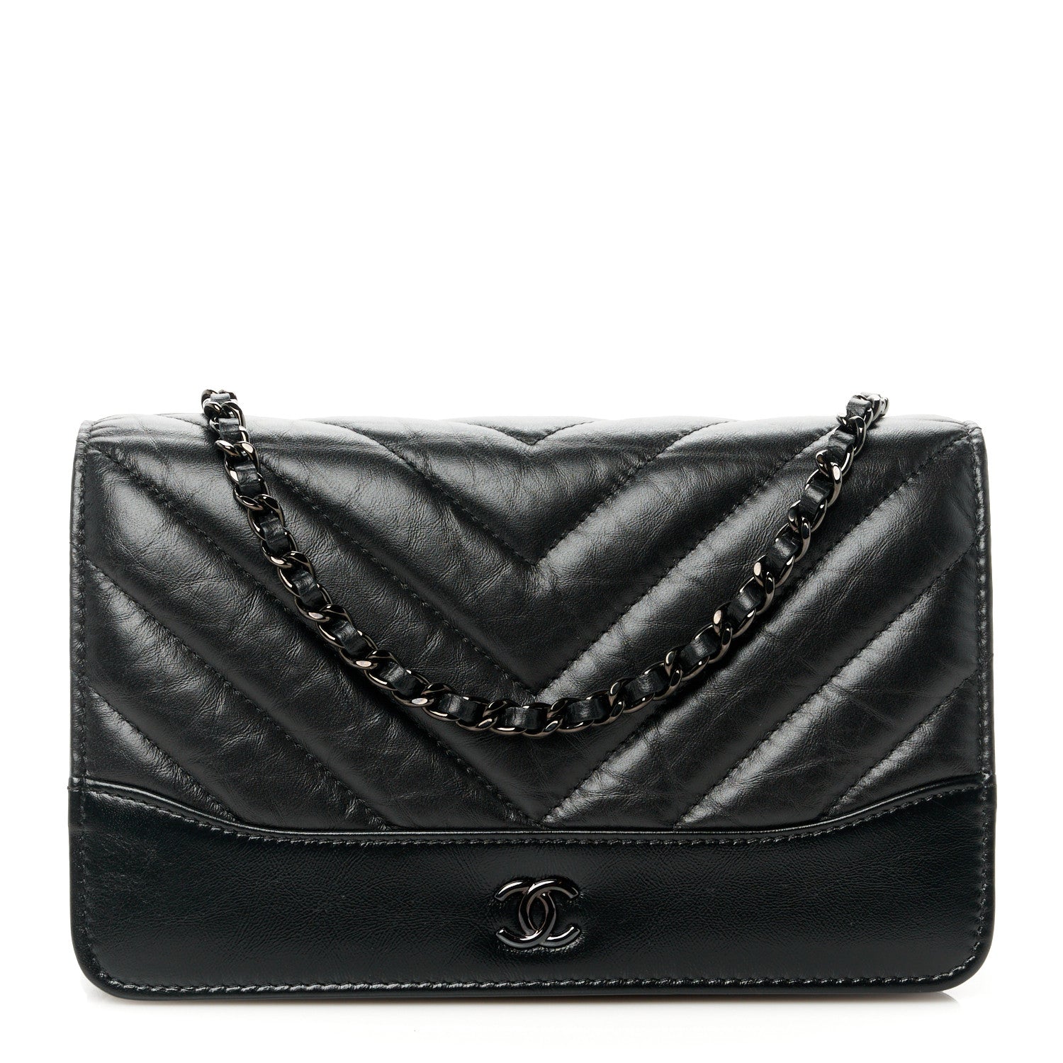 Chanel Aged Calfskin Chevron Quilted Gabrielle Wallet On Chain WOC Black 1 of 13