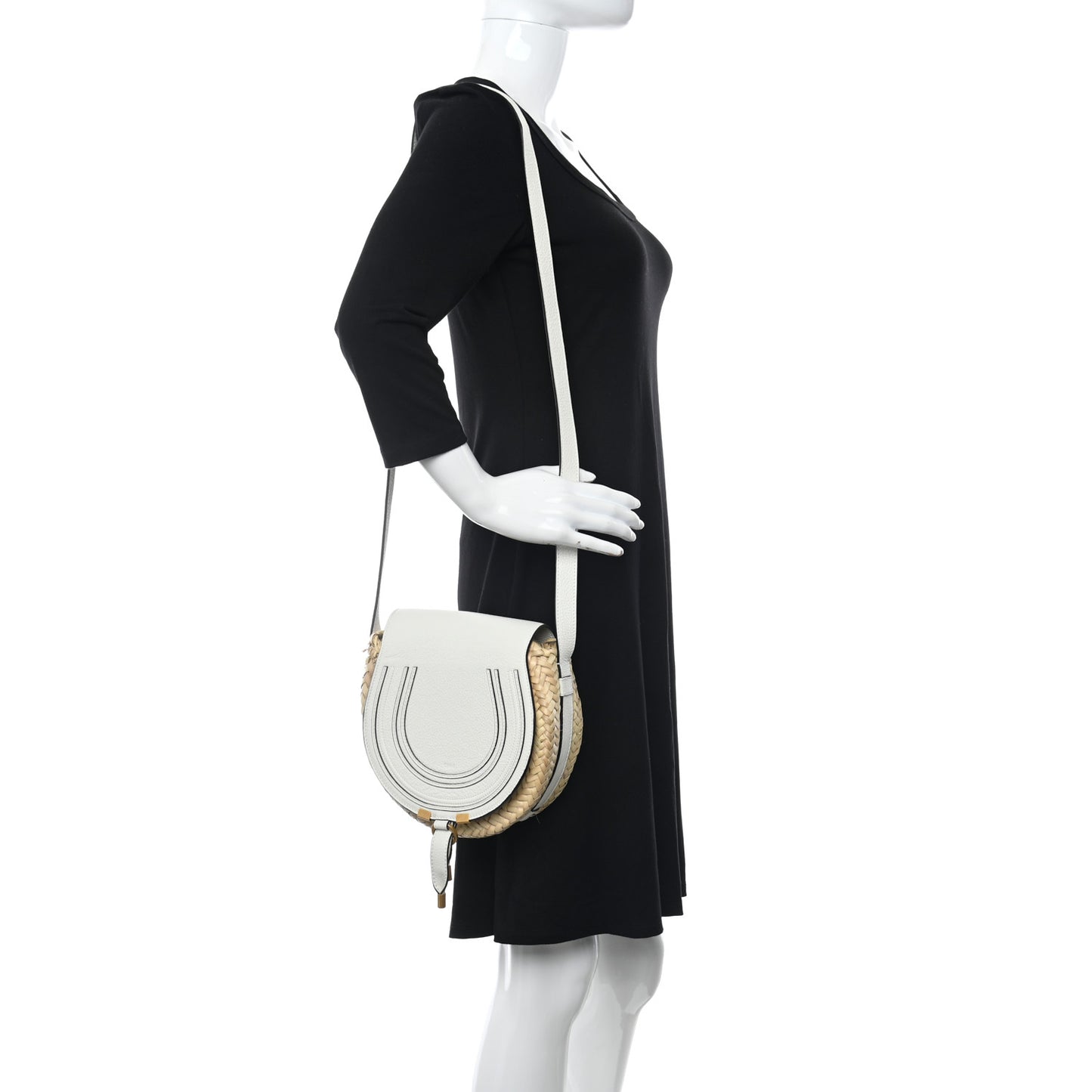 Raffia Small Grain Calfskin Small Marcie Basket Crossbody White