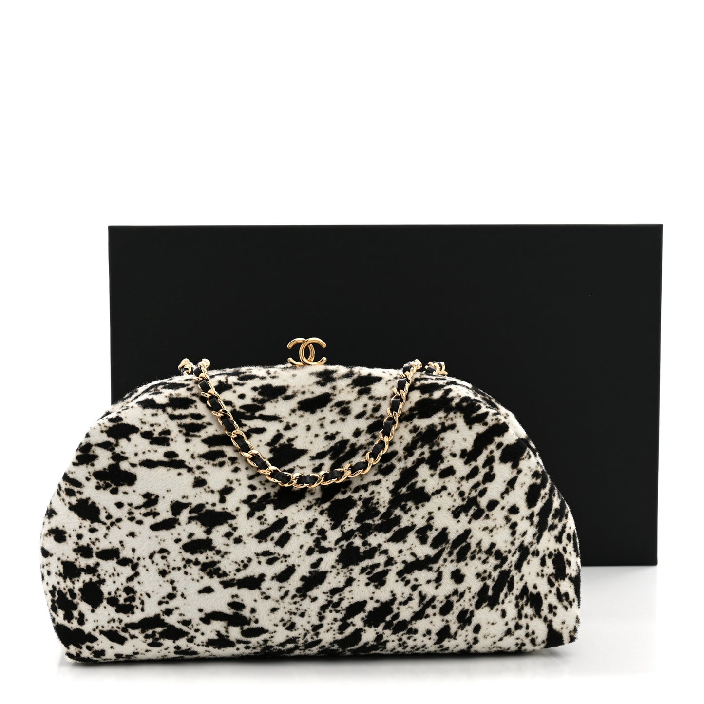 Lambskin Pony Hair Printed Clutch With Chain Black White