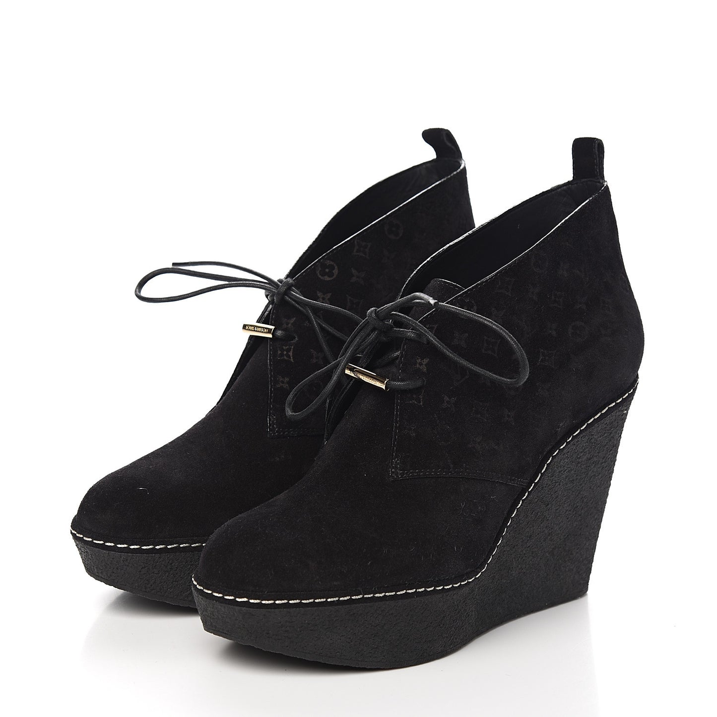 Suede Embossed Monogram Frosty Wedge Low Boots 38 Black