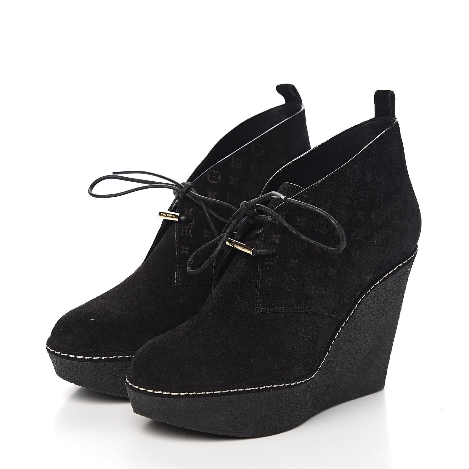 Louis Vuitton Suede Embossed Monogram Frosty Wedge Low Boots 38 Black 3 of 9