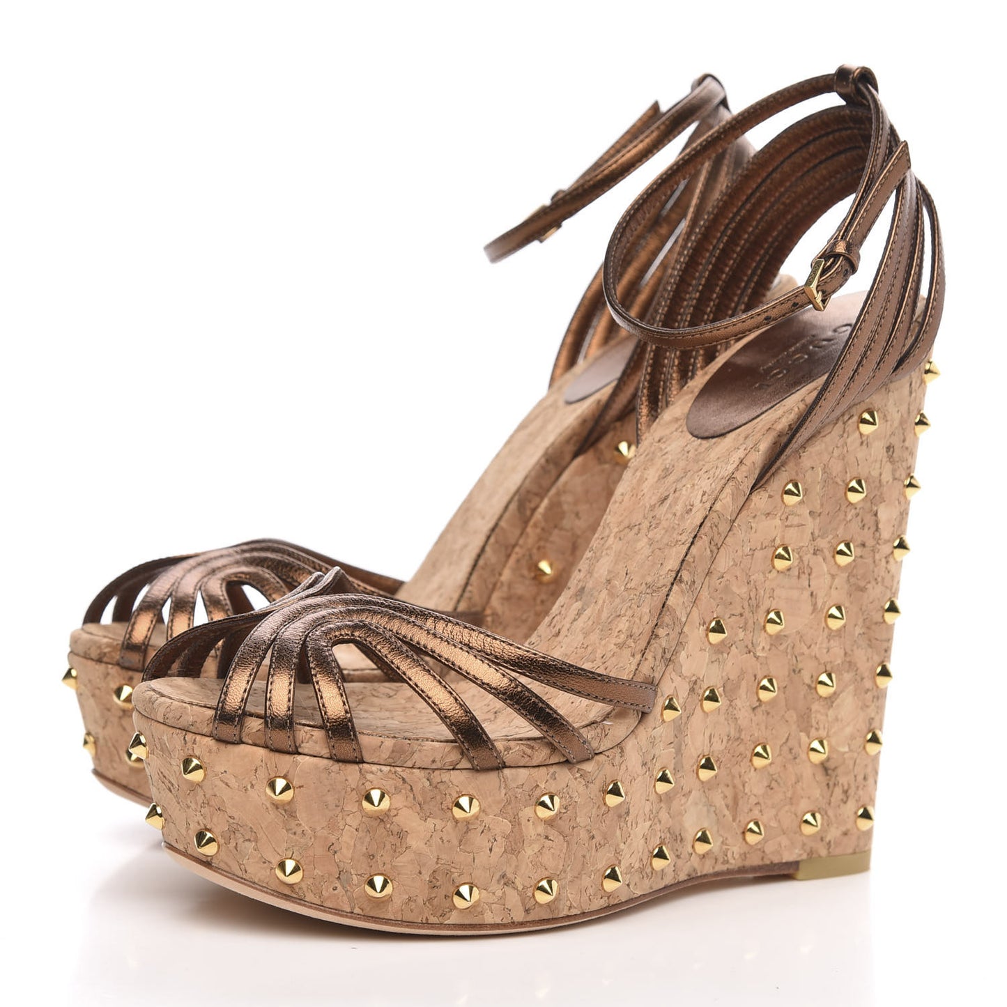 Metallic Calfskin Cork Stud Wedge Sandals 37 Brown