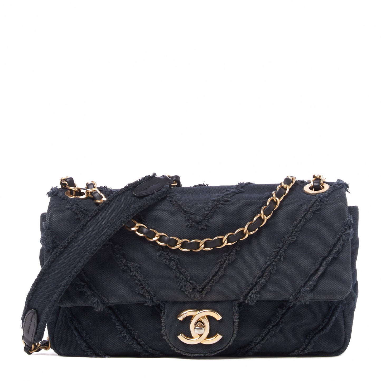 Canvas Chevron Cuba Patchwork Medium Single Flap Navy