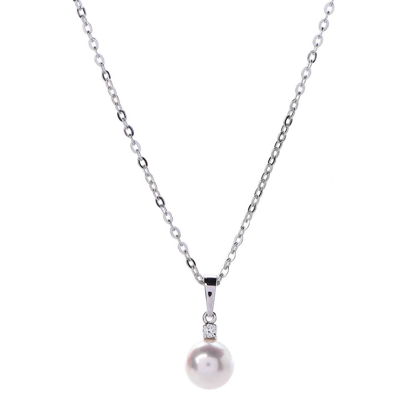 18K White Gold Diamond Akoya Pearl 6mm Drop Pendant Necklace
