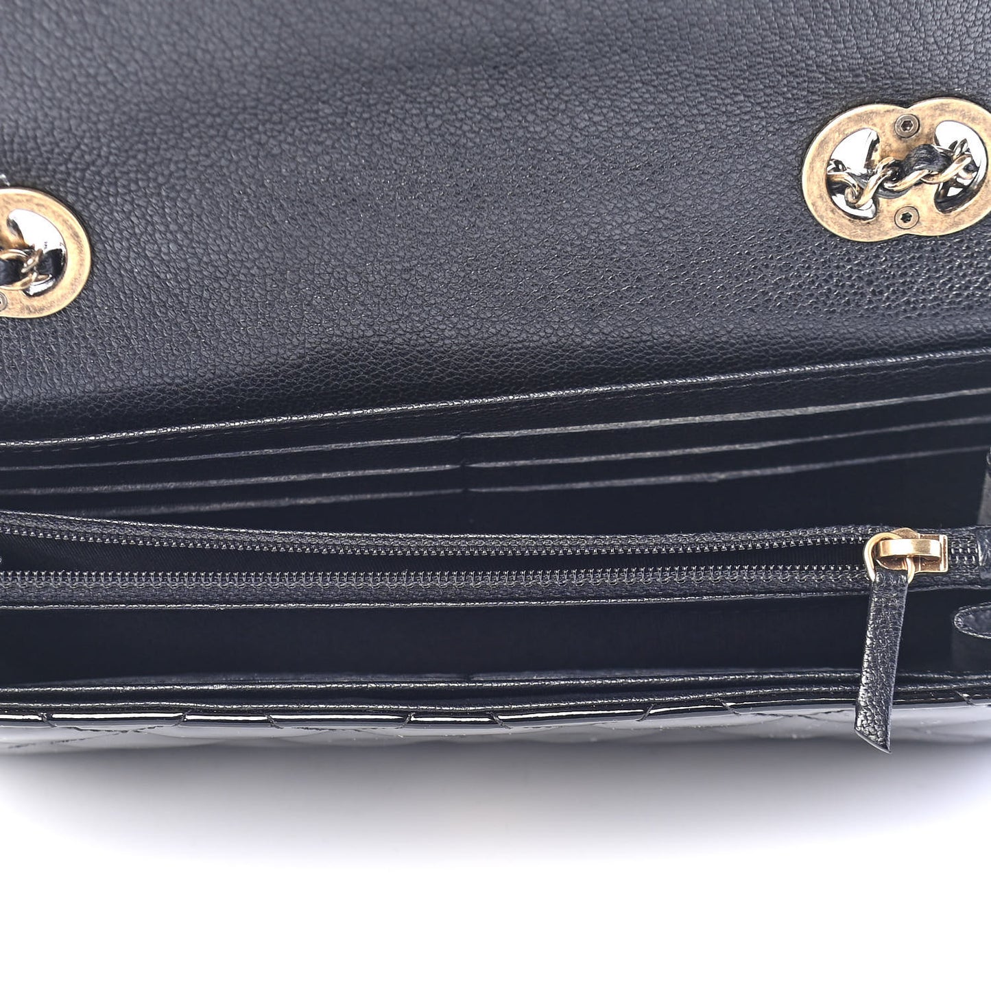 Patent Goatskin Quilted Small CC Eyelet Wallet On Chain WOC Black