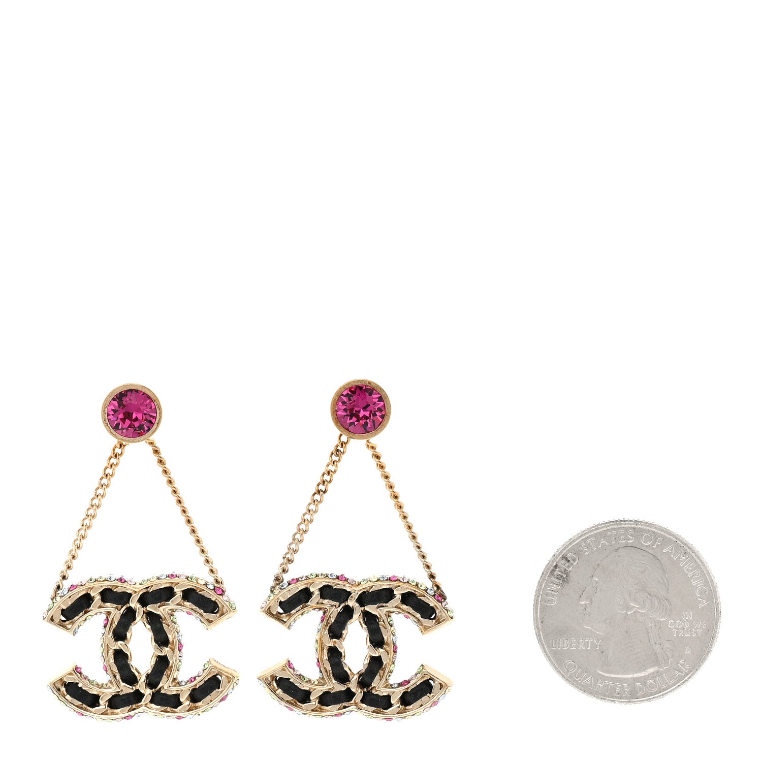 Chanel Metal Lambskin Crystal CC Chain Drop Earrings Black Gold Pink Multicolor 2 of 5
