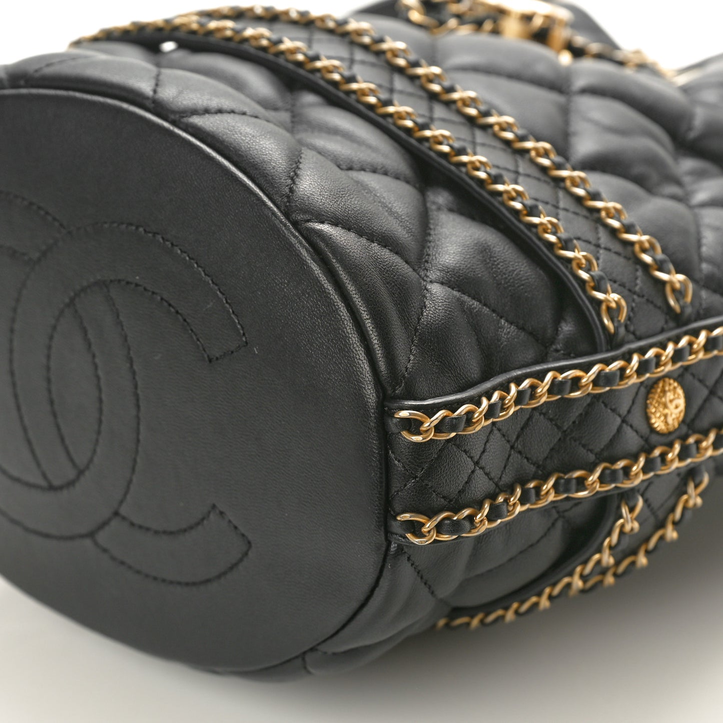 Lambskin Quilted Chain Bucket Drawstring Bag Black