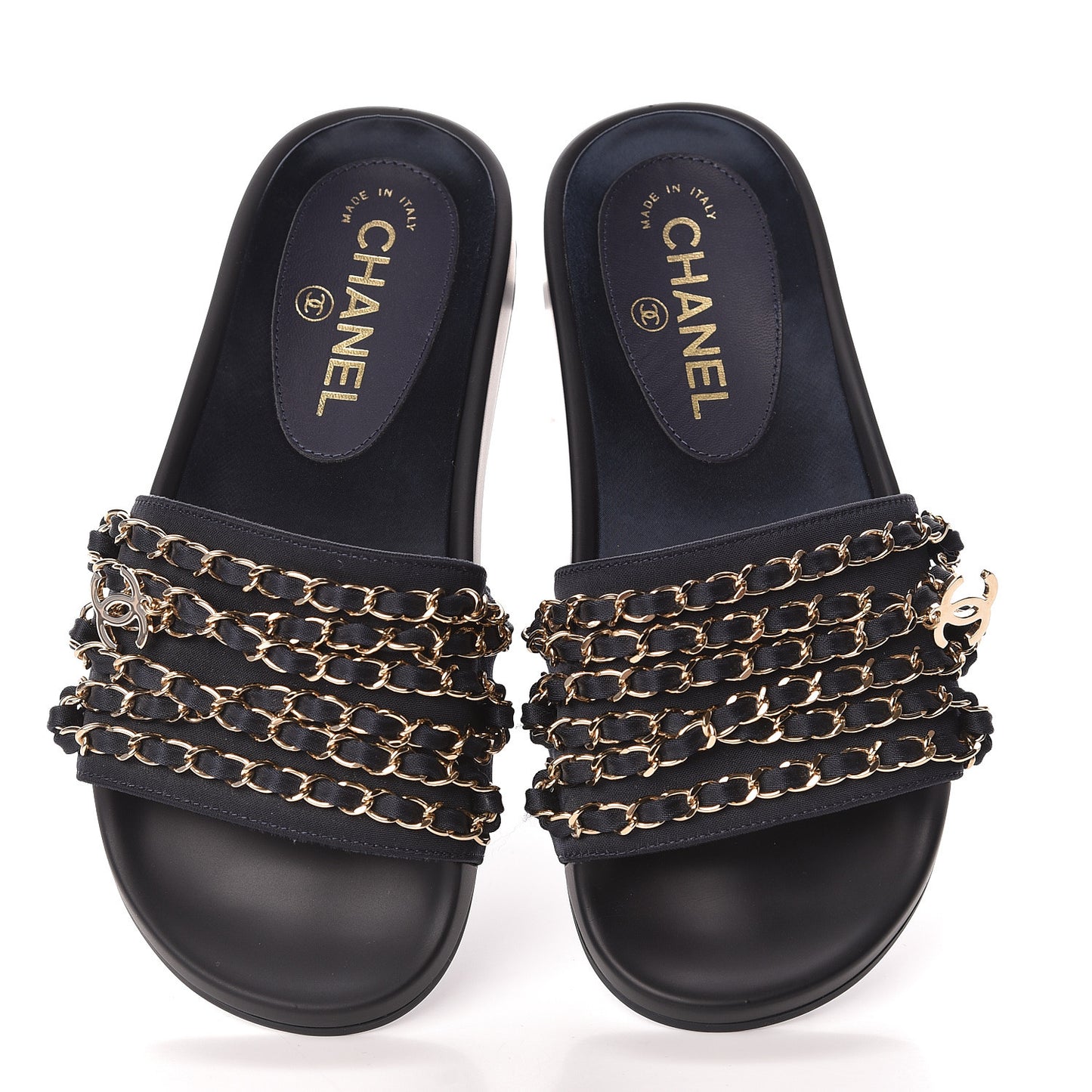 Satin Canvas Chain Slides Sandals Flats 35 Marine