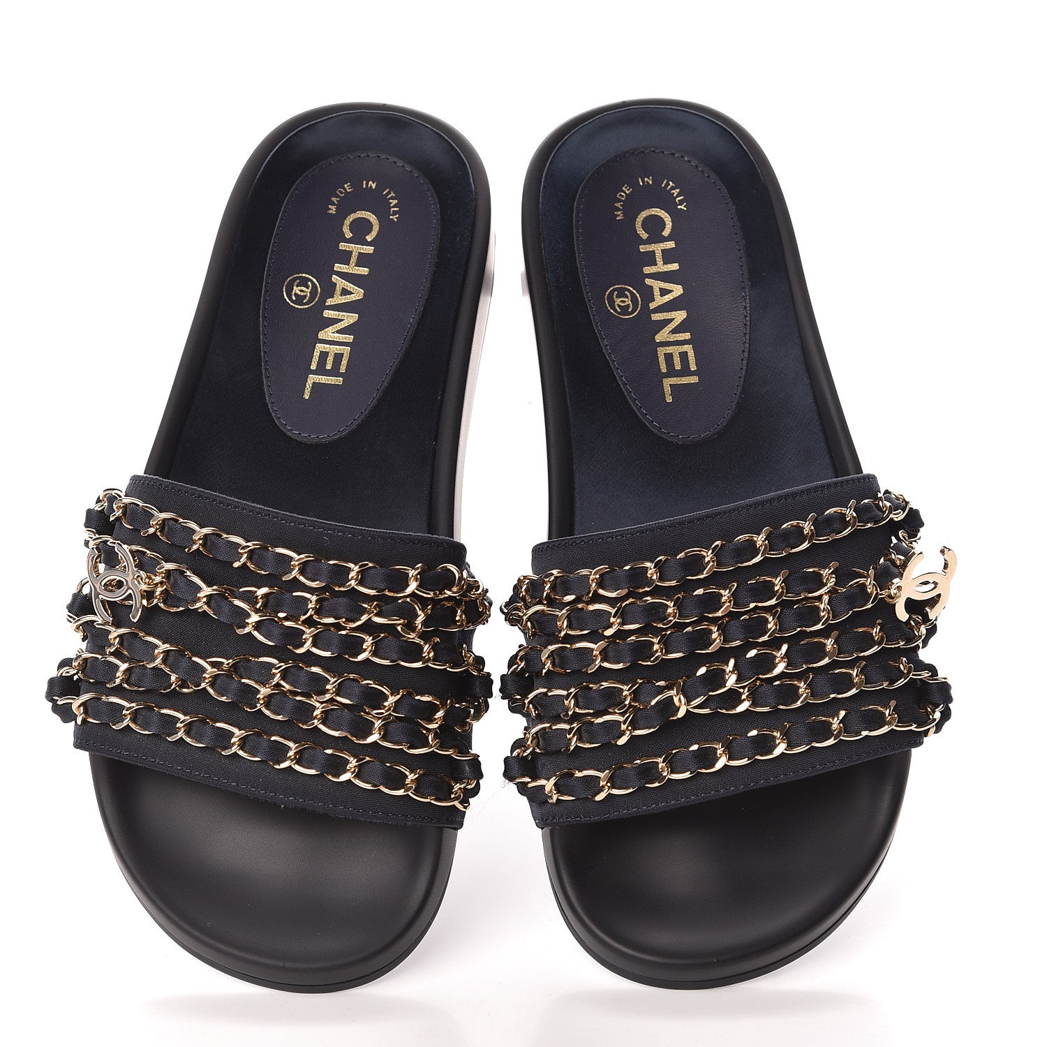 Chanel Satin Canvas Chain Slides Sandals Flats 35 Marine 8 of 8