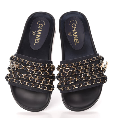 Chanel Satin Canvas Chain Slides Sandals Flats 35 Marine 8 of 8