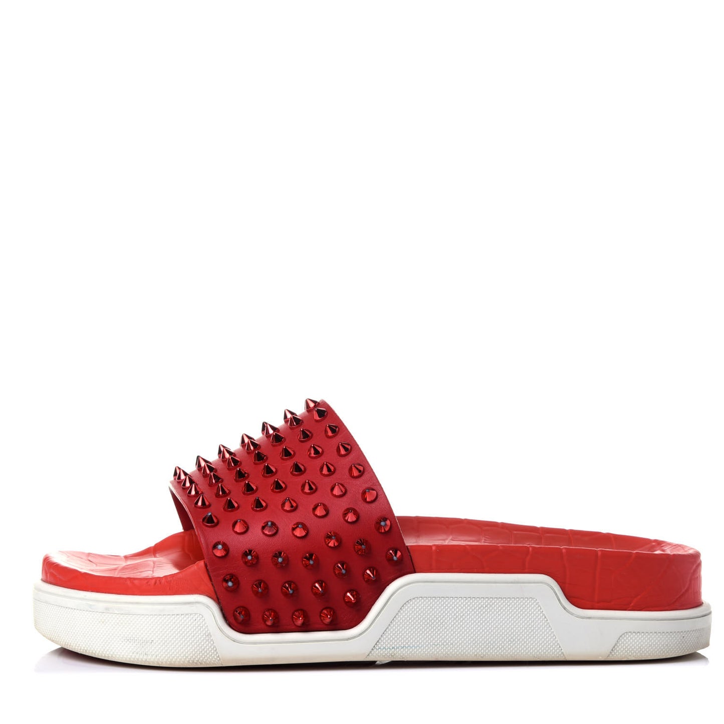 LOUBOUTIN Calfskin Spiked Crocodile Embossed Rubber Pool Fun Platform Flat Slide Sandals 42 Red