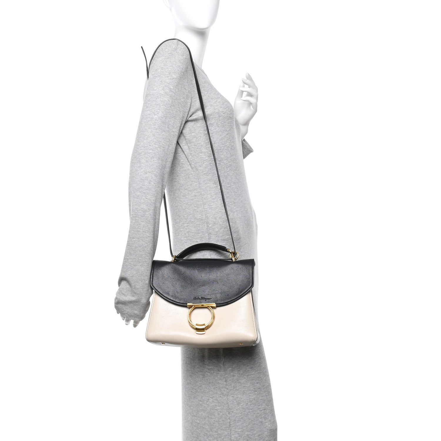 Salvatore Ferragamo Calfskin Small Margot Top Handle Satchel Bone Black 2 of 13