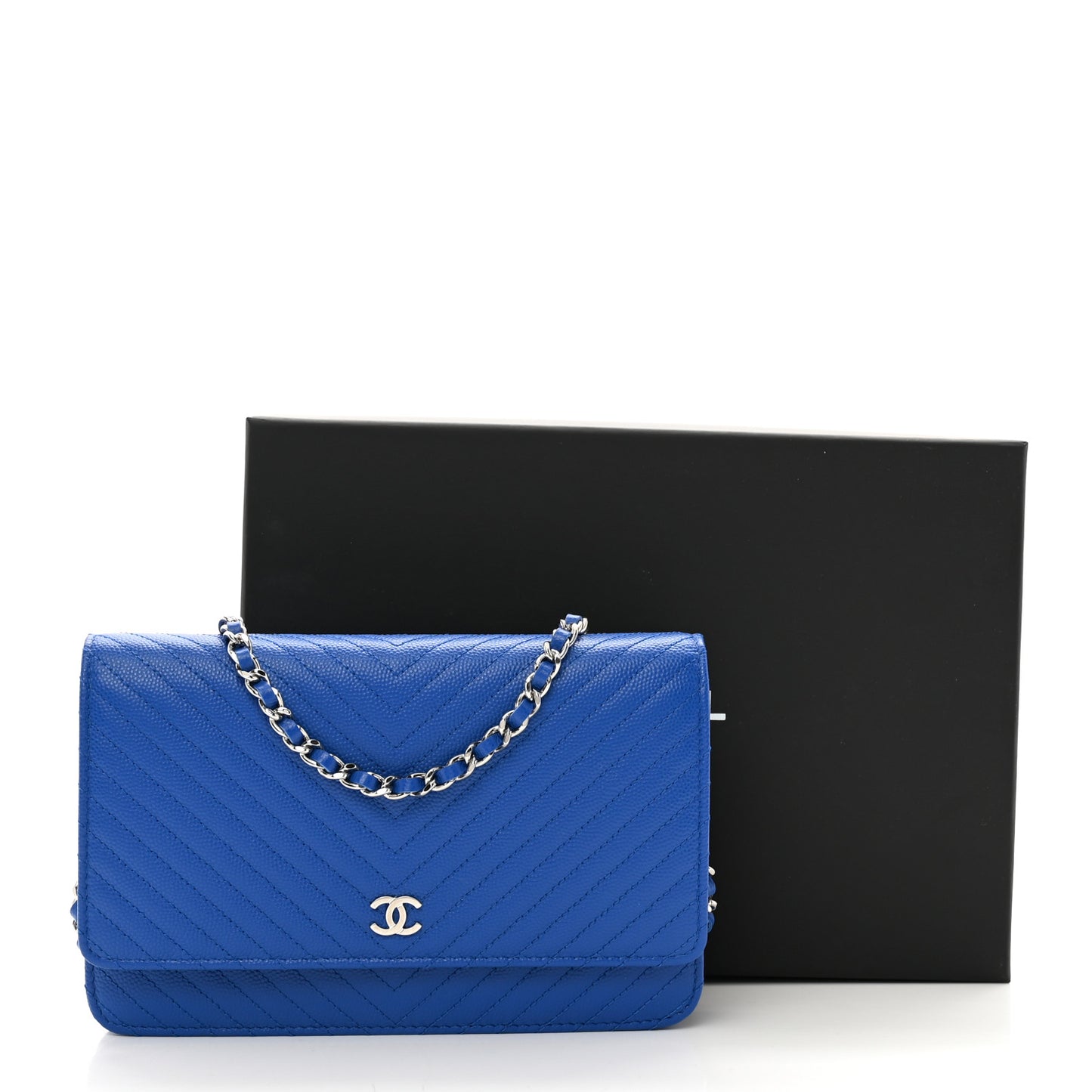 Caviar Chevron Quilted Wallet On Chain WOC Bright Blue