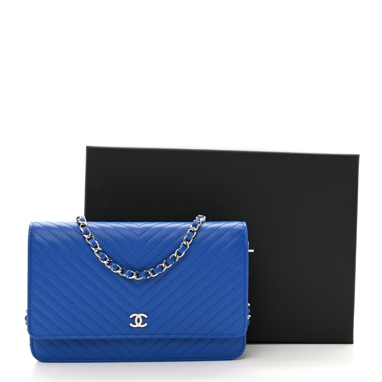 Chanel Caviar Chevron Quilted Wallet On Chain WOC Bright Blue 12 of 12