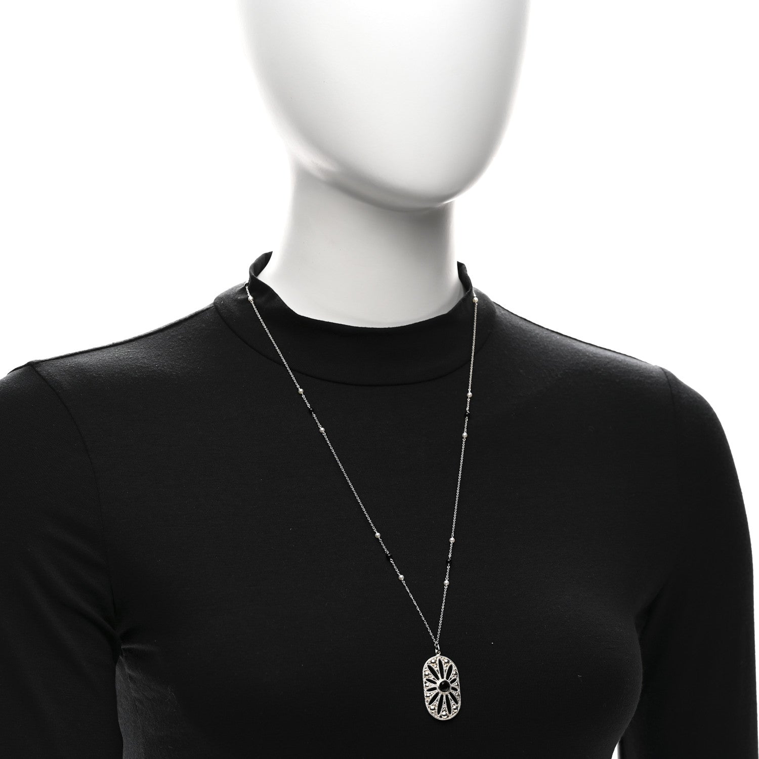Tiffany Sterling Silver Black Onyx Cultured Pearl Ziegfeld Daisy Pendant Necklace 2 of 5