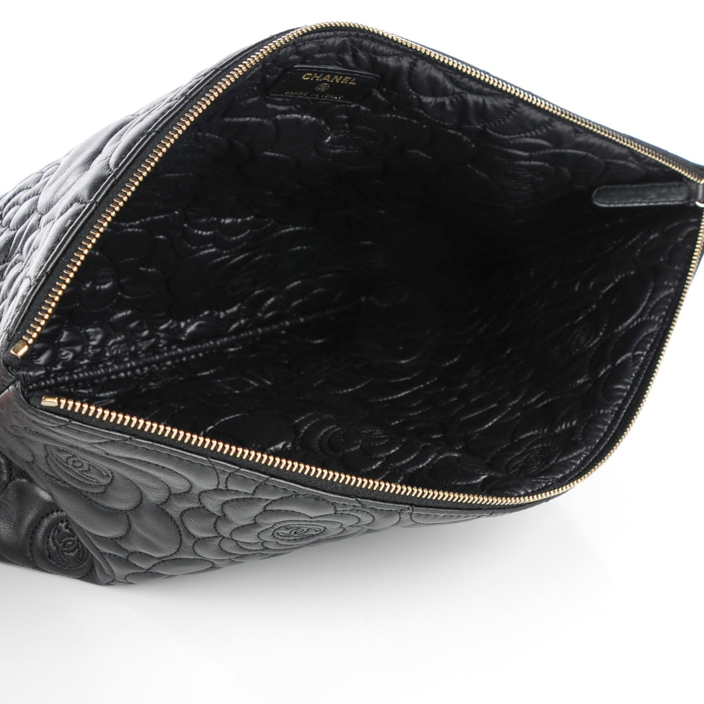 Lambskin Camellia Embossed Large Cosmetic Case Black