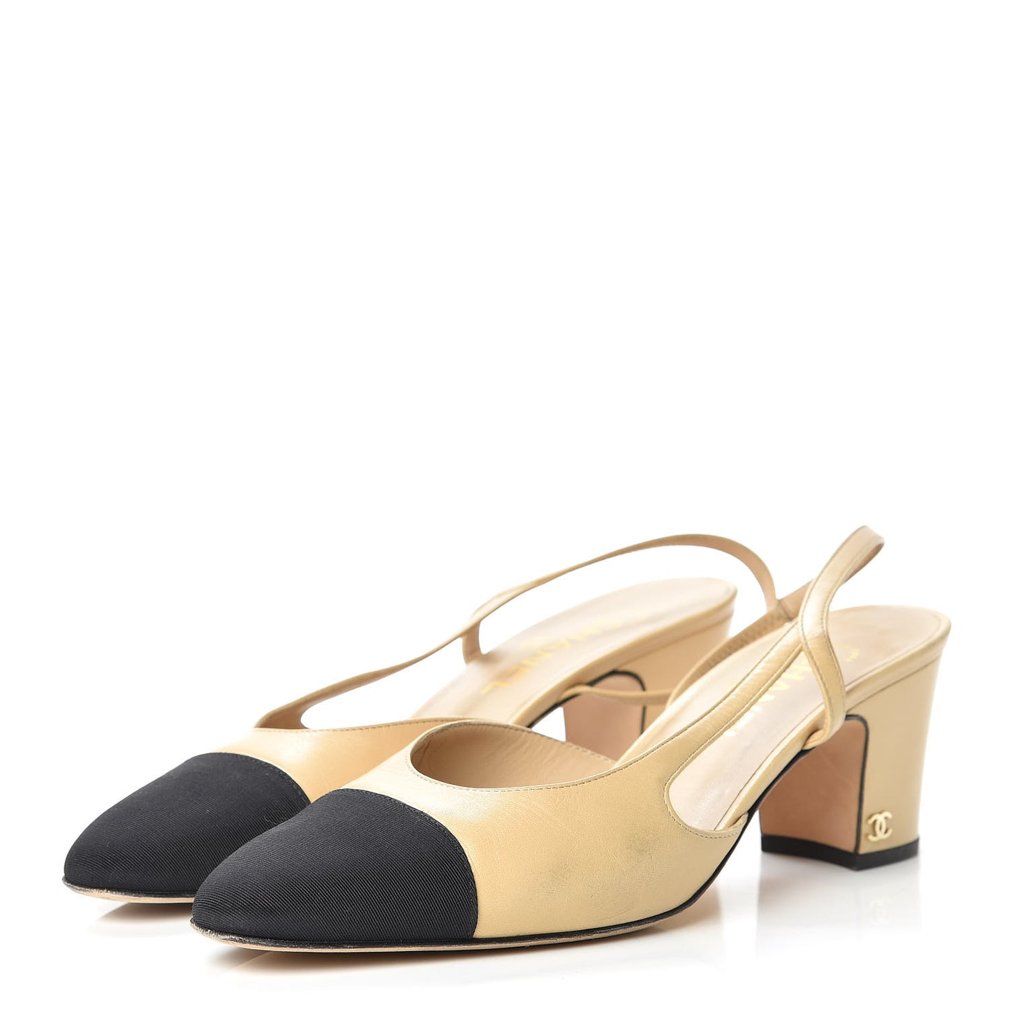 Goatskin Grosgrain Cap Toe CC Slingback Pumps 40 Beige Black