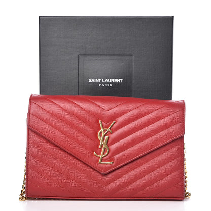 Saint Laurent Grain De Poudre Matelasse Chevron Monogram Chain Wallet Red 10 of 10