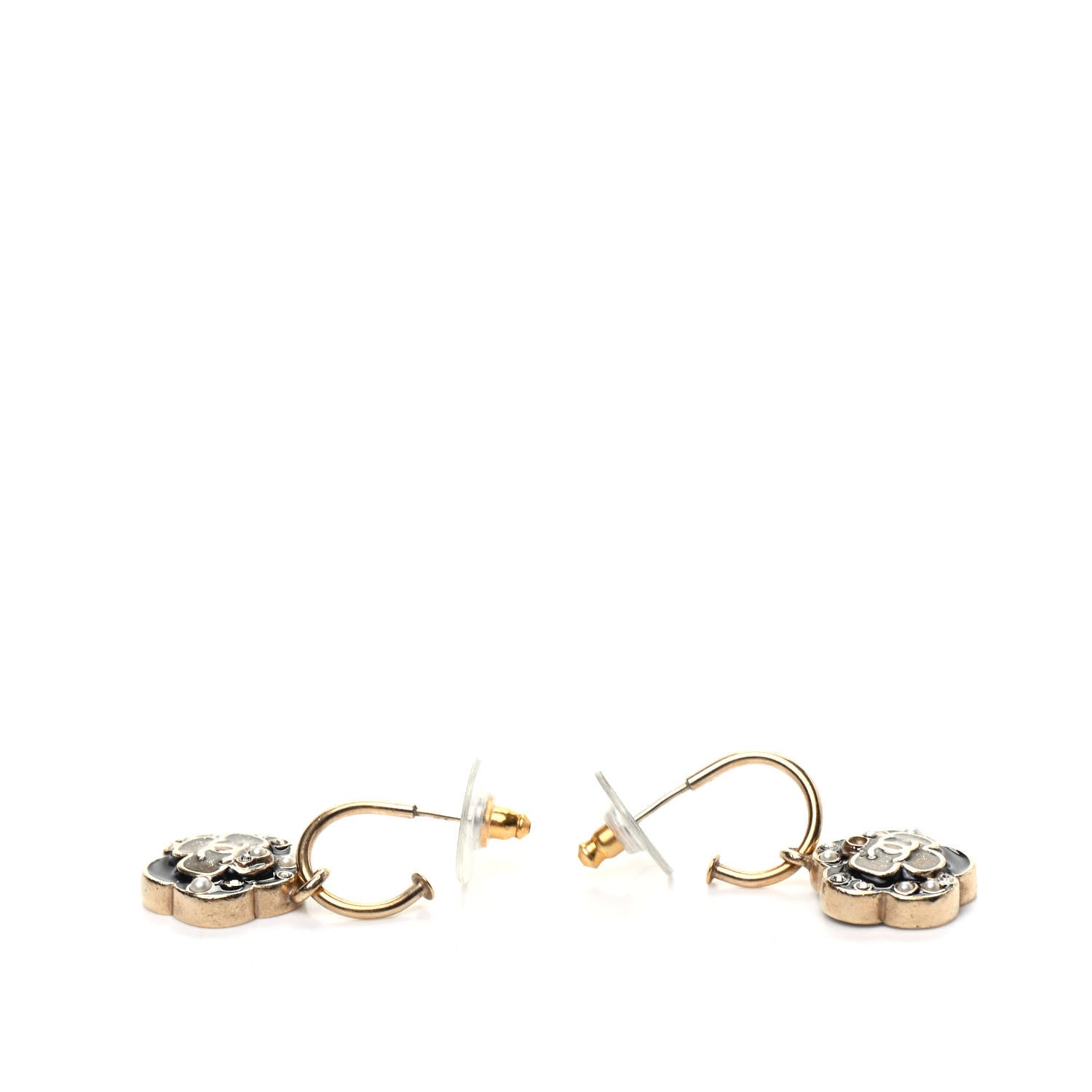 Chanel Enamel Pearl CC Camellia Drop Earrings Black 3 of 3