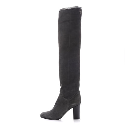 Chanel Suede Calfskin CC Knee High Boots 40.5 Grey Silver 1 of 7