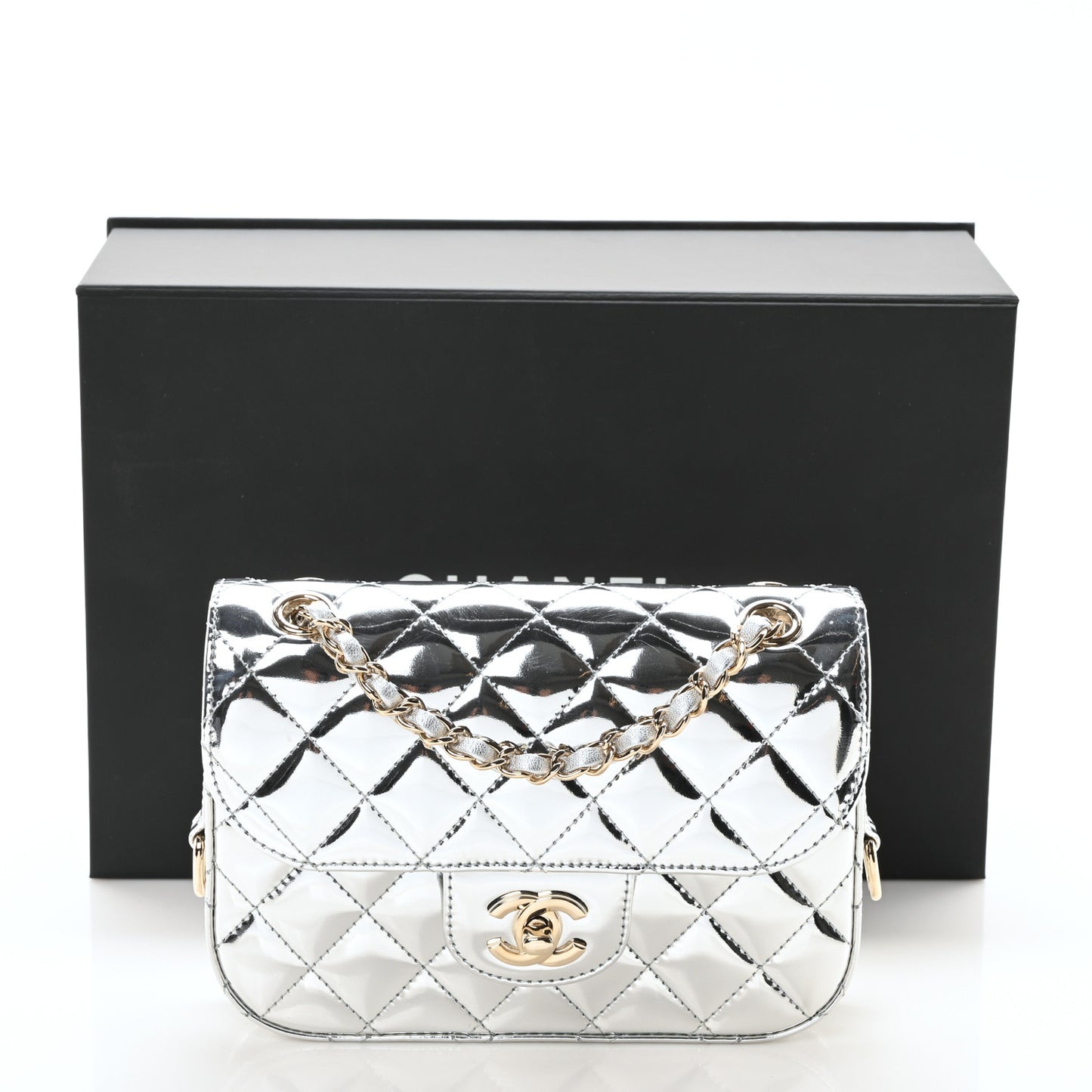 Mirror Calfskin Metallic Calfskin Quilted Hollywood Boulevard Mini Flap With Star Coin Purse Silver