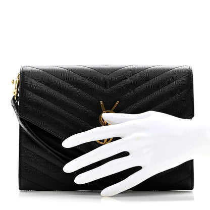 Saint Laurent Grain De Poudre Matelasse Chevron Monogram Envelope Clutch Black 3 of 9