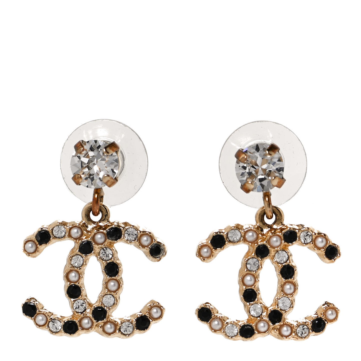 Resin Crystal Pearl CC Drop Earrings Gold Black