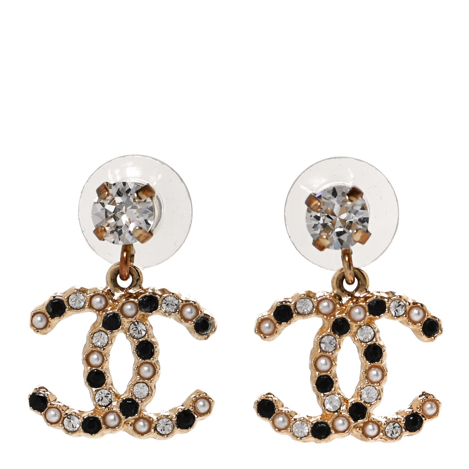 Chanel Resin Crystal Pearl CC Drop Earrings Gold Black 1 of 5