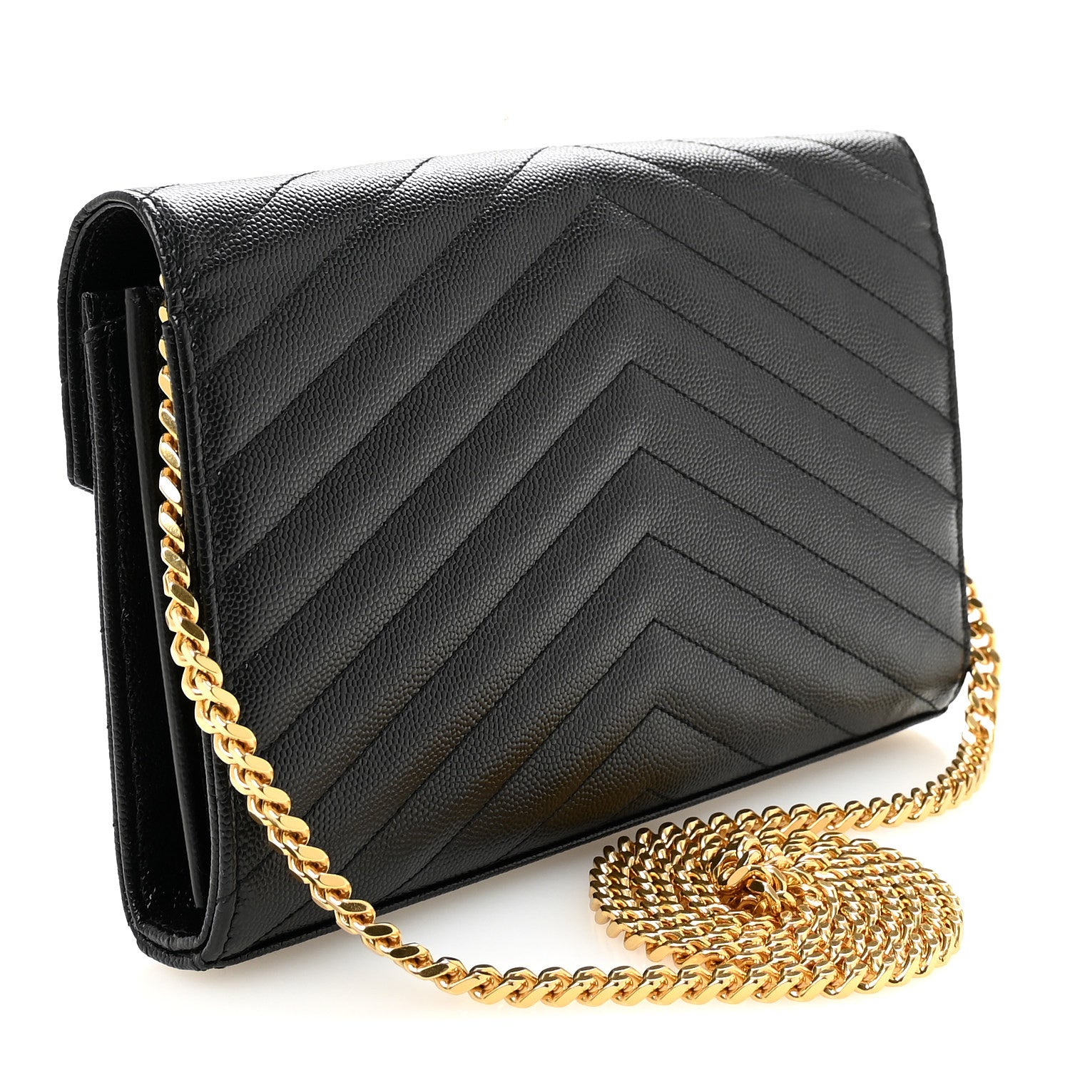Saint Laurent Grain De Poudre Matelasse Chevron Monogram Chain Wallet Black 3 of 9