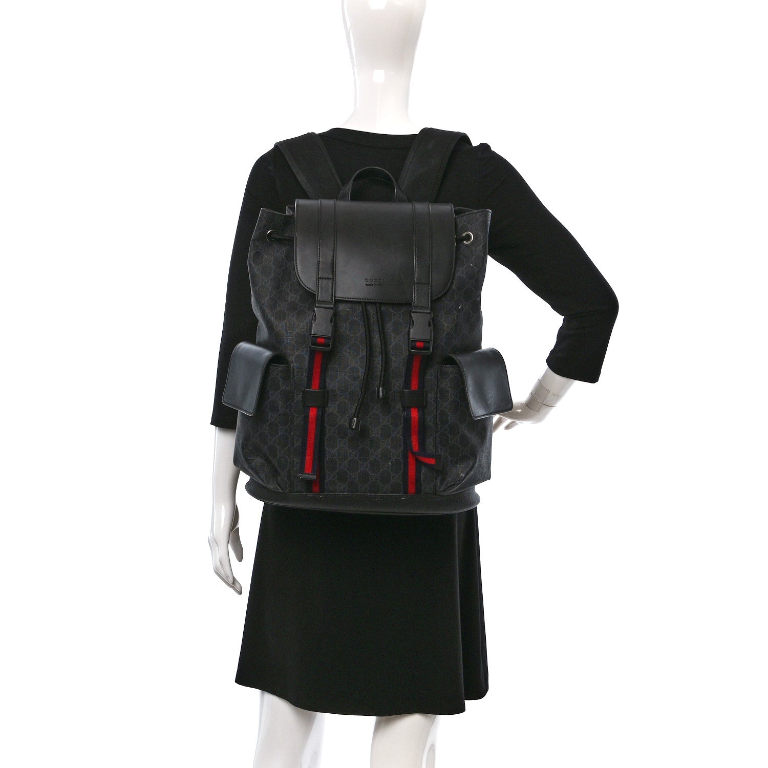 Gucci Soft GG Supreme Monogram Calfskin Web Double Buckle Backpack Black 2 of 19