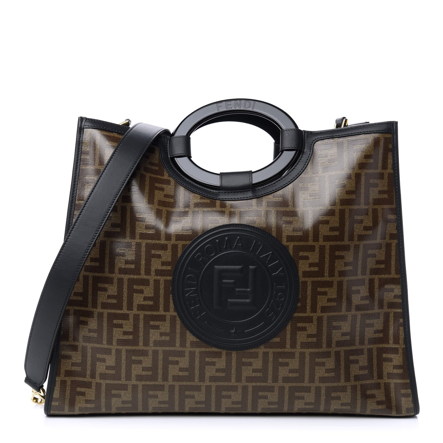 Fendi Glazed Fabric Vitello Century Plexiglass FF 1974 Stamp Patch Medium Runaway Shopper Tote Mogano Panna Black 1 of 10