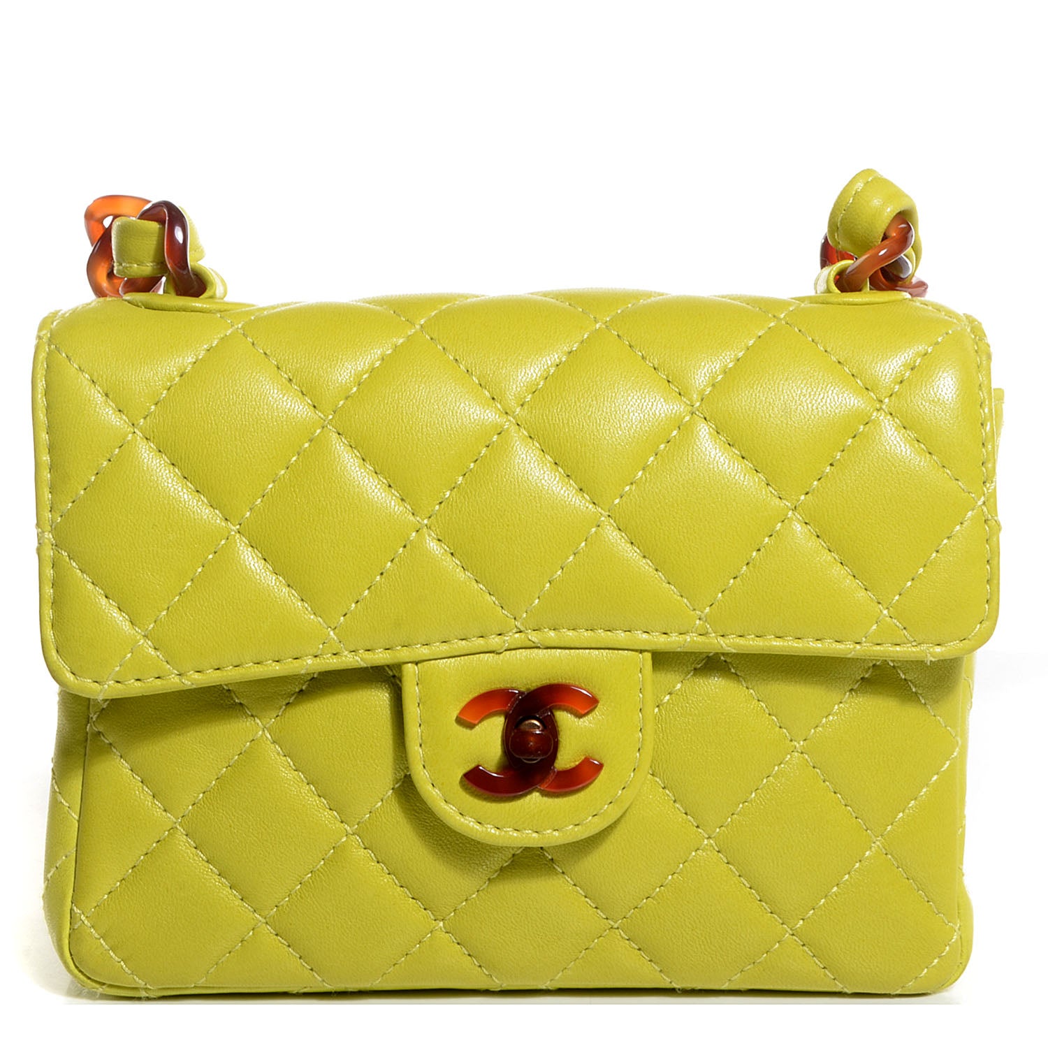 Chanel Lambskin Tortoise Chain Mini Square Flap Chartreuse 1 of 10