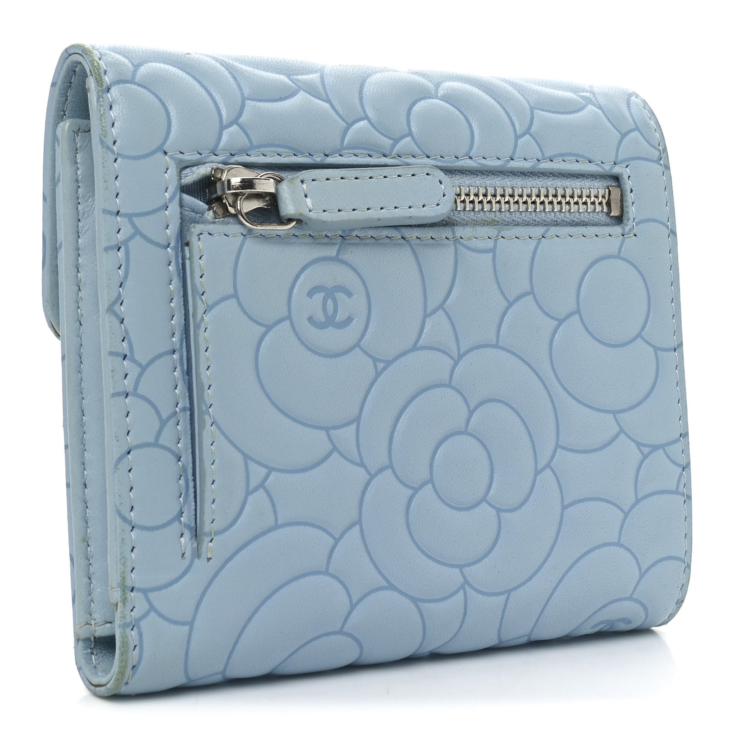 Lambskin Camellia Embossed Compact Wallet Light Blue