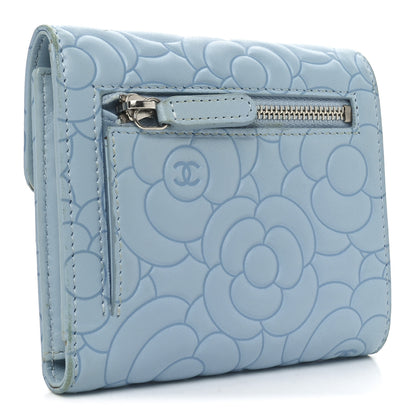 Chanel Lambskin Camellia Embossed Compact Wallet Light Blue 3 of 9