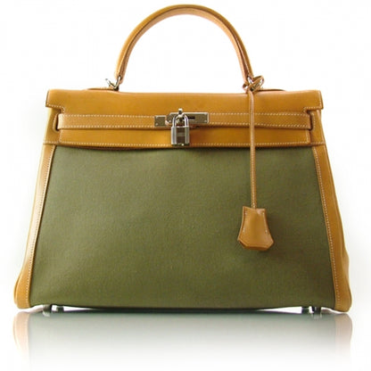 Hermes Barenia Toile Kelly 35 Handbag Khaki 1 of 12