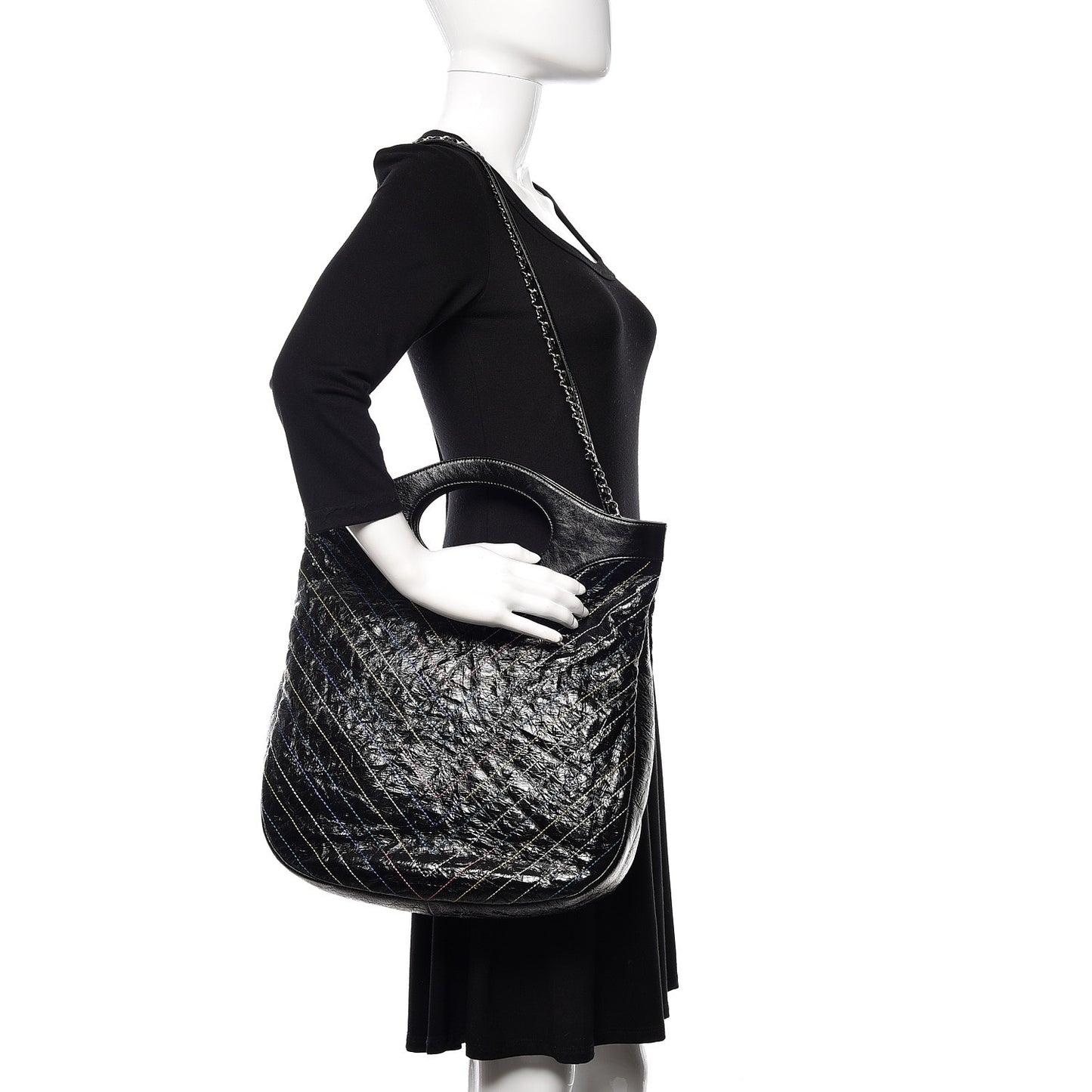Glazed Calfskin Chevron Stitched Large 31 Shopping Bag Black