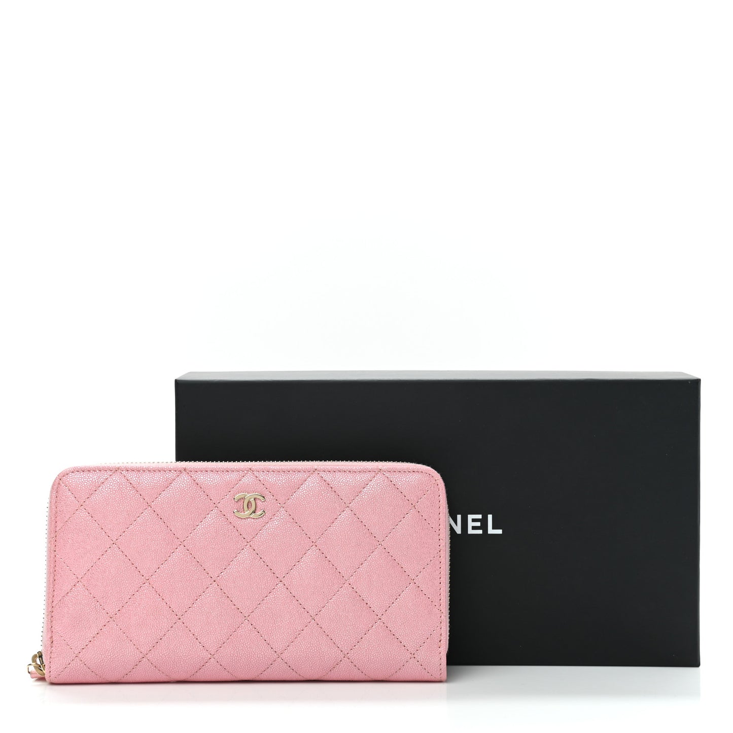 Iridescent Caviar Quilted Large Zip Around Wallet Pink
