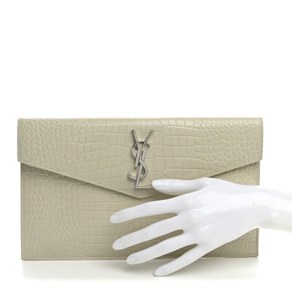 Saint Laurent Calfskin Crocodile Embossed Uptown Monogram Pouch Crema Soft 2 of 10