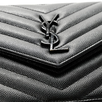 Saint Laurent Grain De Poudre Matelasse Chevron Monogram Monochrome Envelope Chain Wallet Black 11 of 12