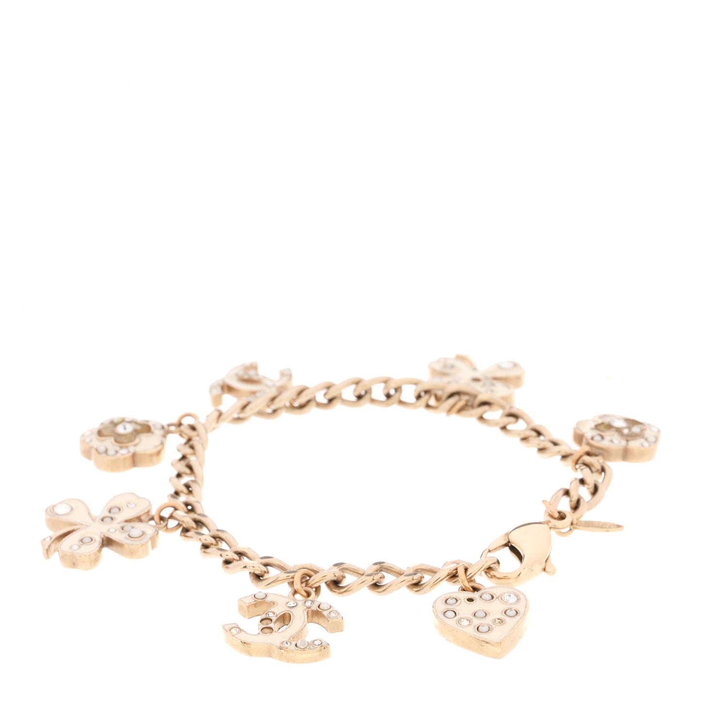 Enamel Crystal Pearl CC Lucky Charms Bracelet Gold White