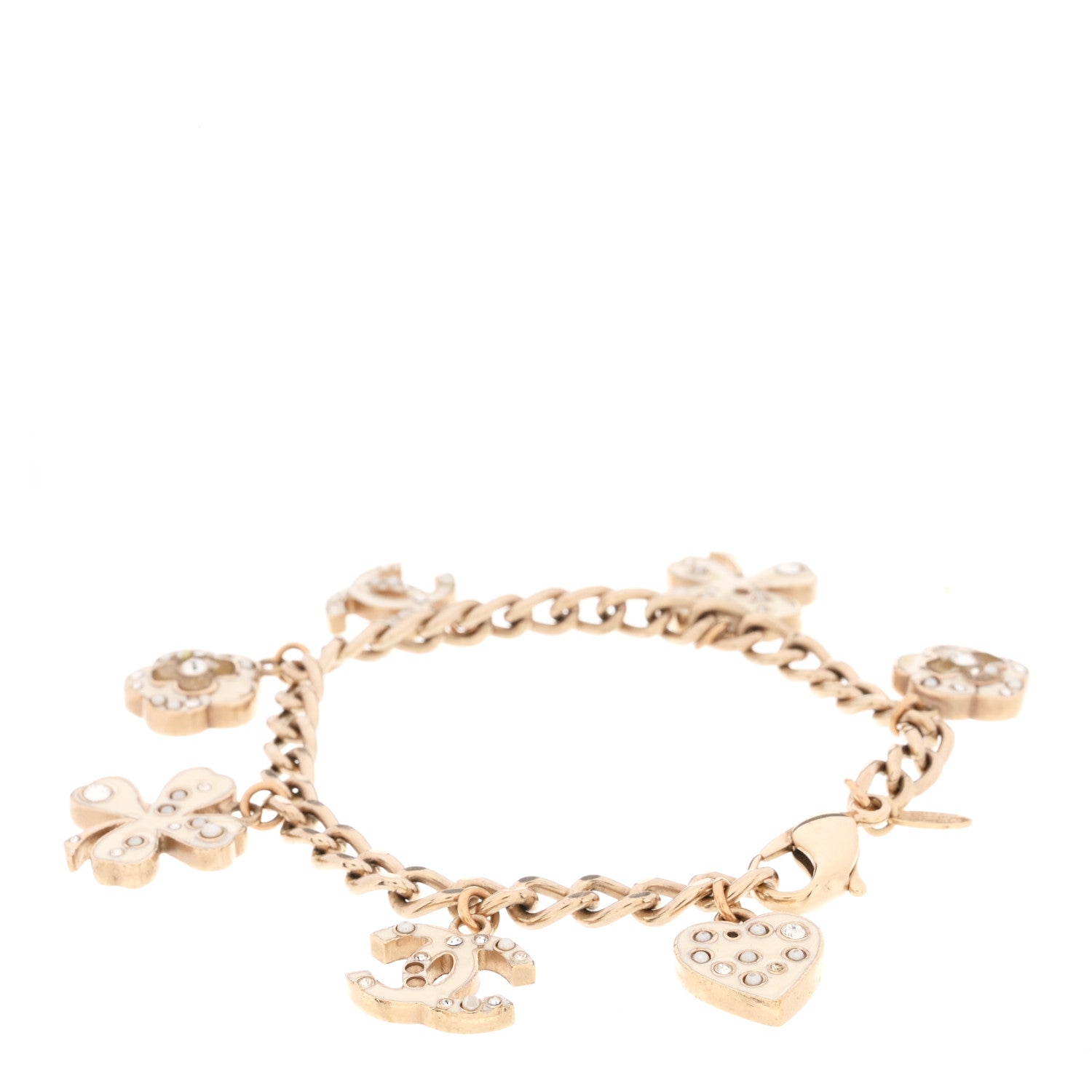 Chanel Enamel Crystal Pearl CC Lucky Charms Bracelet Gold White 3 of 7