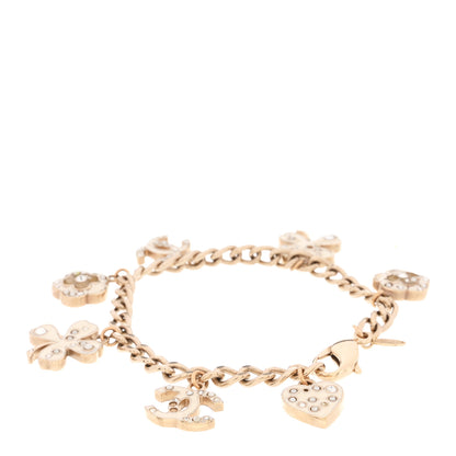 Chanel Enamel Crystal Pearl CC Lucky Charms Bracelet Gold White 3 of 7