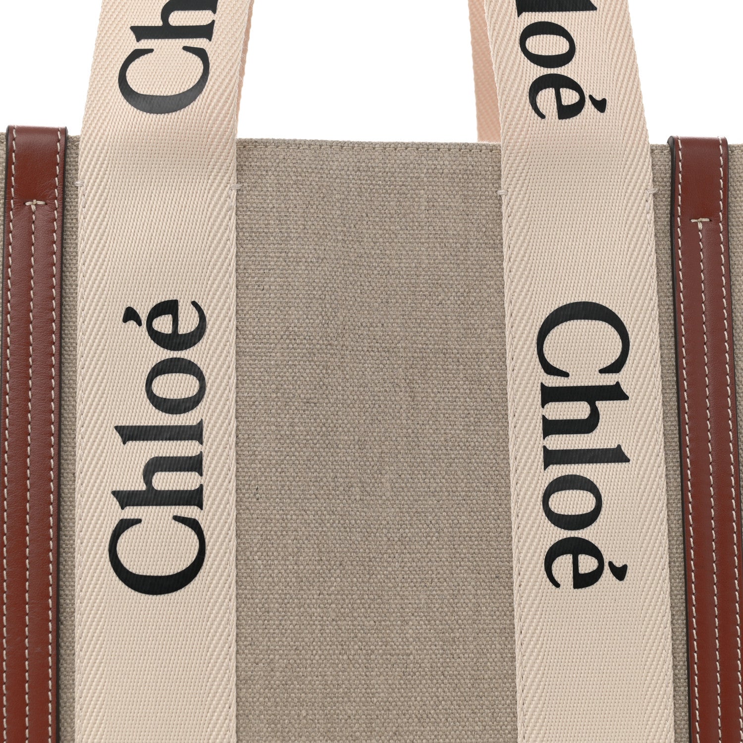 Chloe Linen Calfskin Large Woody Ribbon Tote White Brown 8 of 12
