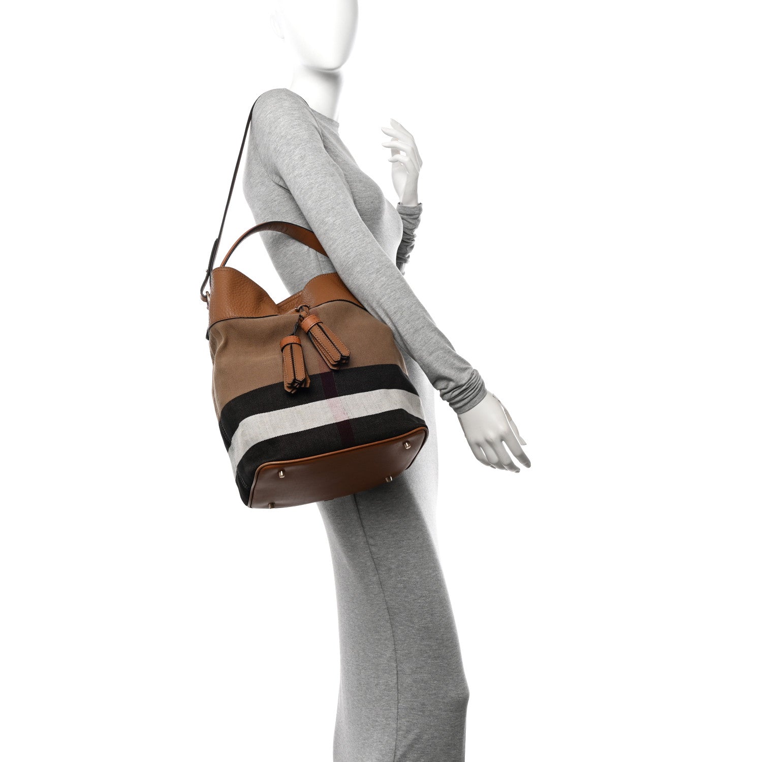 Burberry Grainy Calfskin Canvas Mega Check Medium Ashby Tassel Hobo Saddle Brown 2 of 13