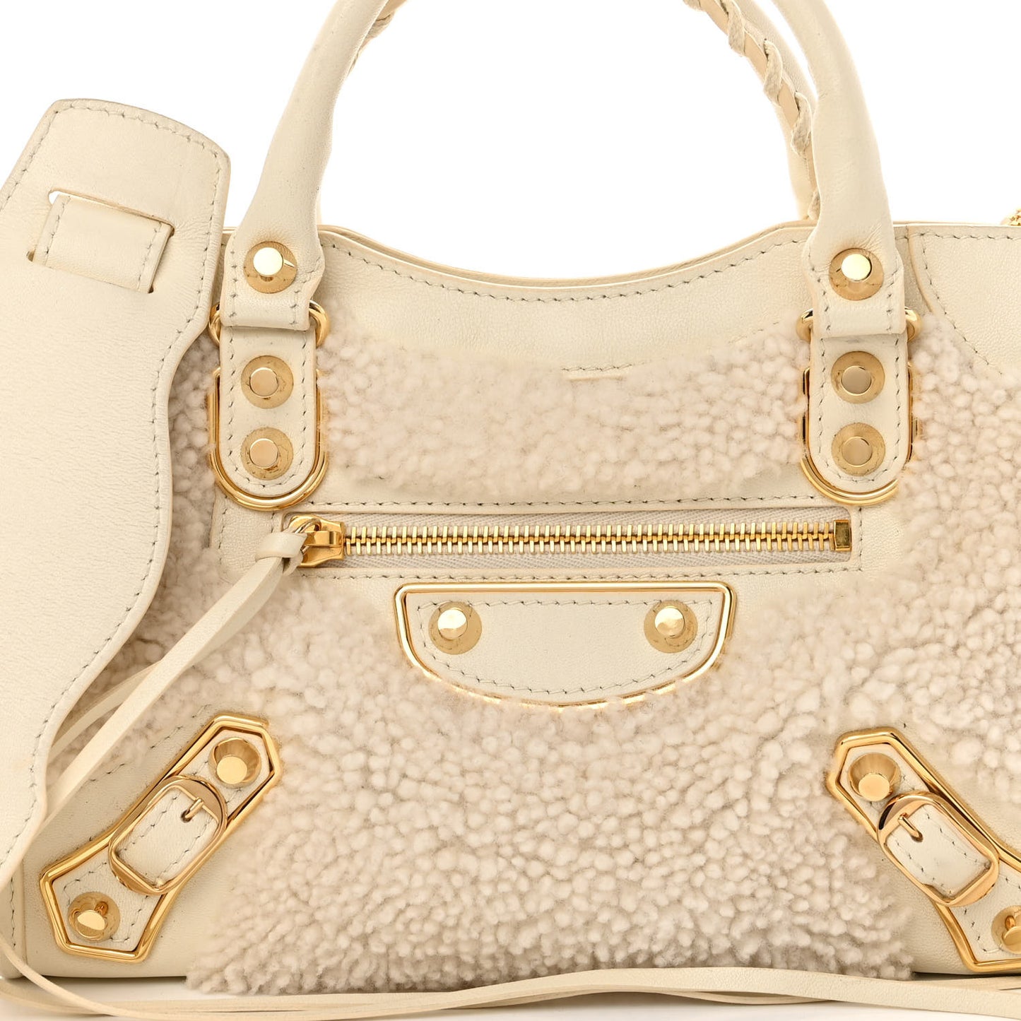 Shearling Nappa Gold Metallic Edge Hardware Mini City Cream