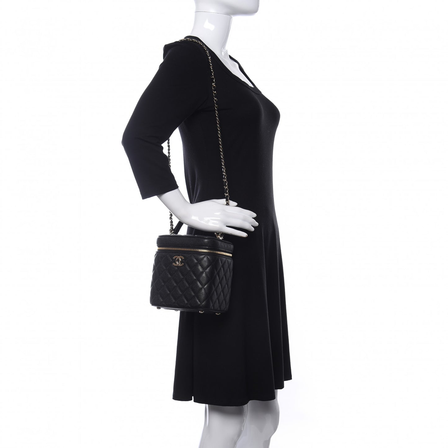 Caviar Quilted Small Top Handle Vanity Case With Chain Black