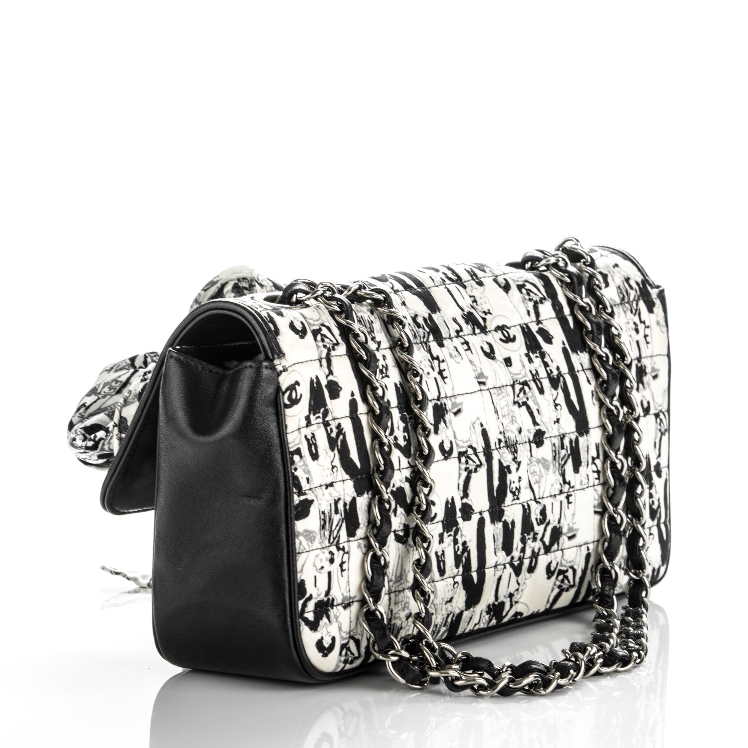 Chanel Silk Lambskin Coco Mademoiselle Scarf Flap Bag White Black 3 of 7